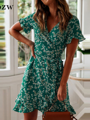 فستان شاطئ بوهو مثير برقبة على شكل حرف V وأكمام قصيرة مكشكشة على شكل حرف A مع تنورة قصيرة ملفوفة فستان الشمس