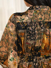 Yellow Vintage Print Chiffon Tie Dress