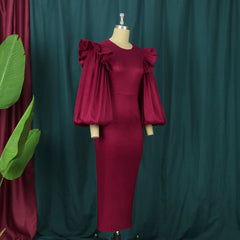 Women Bodycon Dress Long Lantern Sleeve Ruffles Patchwork O Neck Midi Birthday Wedding Party Outfits Large Size New Female Gowns