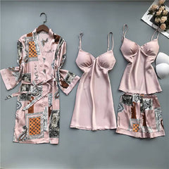 Spring and Autumn Pajamas Women Chest Pad Nightgown Strap Silk Nightdress 4 Pcs Set Tops Long Sleeve Pijama Mujer Sexy Lingerie