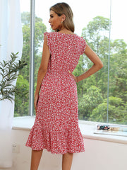 Elegant Printed Casual Beach Midi Dresses Women Summer O-neck Ruffle Sleeve A-Line Dress Sundress Vestido Robe