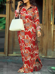 فوندا نساء بوهو خمر نمط عشوائي مطبوعة ماكسي فساتين طويلة سبينغ الخريف عادية فضفاض التلبيب كم طويل غير المتكافئة هيم فيستيدوس