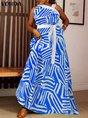 VONDA Elegant Dresses For Women 2022 Random Printed One-Shoulder Sleeveless A-Line Vestidos Bohemian Party Casual Plus Size Long Dresses