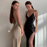 Summer Sexy Tank Top Women Satin Silk Spaghetti Suspenders Slit Maxi Dress Elegant Sleeveless Backless Club Party Beach