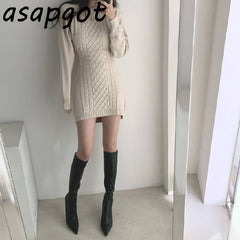 Korean Ins Autumn Winter Temperament Round Neck Sweater Dress Bodycon Open Back Slim Wrap Hip Knitted Dress Women Chic Thick