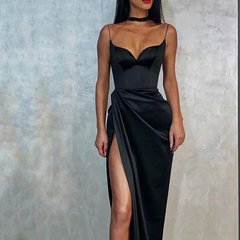 European-American Spring and Autumn New Women's Fashion Solid Satin Sexy V-neck Fit Split Fold Fine Rope Sling Dress