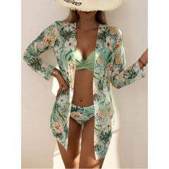 Three-piece swimsuit green leaf print new bikini
