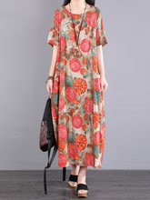 Real shot 2023 فستان صيفي فضفاض كبير الحجم جديد ريترو ملون مطبوع برقبة دائرية متوسط الطول وأكمام قصيرة من القطن والكتان فستان نسائي