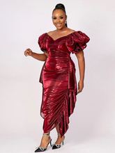 Women Shiny Party Long Dress Folds Short Lantern Sleeves Christmas Glitter Luxury Bodycon Elegant Sexy Prom Wedding Evening Gown