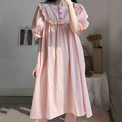 QWEEK Cotton Night Dress Women Korean Sleepwear Girls Style Nightgown Nightie Puff Sleeve Nightwear Loungwear