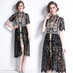 Women's Spring Summer Dress Stitching Print Short Sleeve Turtleneck Bodycon Dress