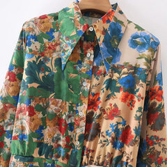 فساتين نسائية بوهو مطبوعة بالزهور فساتين صغيرة واحدة الصدر بأكمام طويلة فستان على شكل حرف A للسيدات فستان بياقة مقلوبة غير رسمي