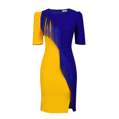 Elegant round neck stitching short sleeve fringed mid-length slit dress dress large size women