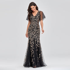 فستان سهرة جديد رائع لربيع وصيف 2022 أنيق كبير للنساء على شكل ورقة اللوتس وأكمام على شكل حرف v لوصيفة العروس