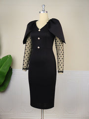 Women Black Dress Bodycon Slim Elegant V Neck Patchwork Mesh Sleeves High Waist Office Ladies Classy Female Gowns Vintage Robes