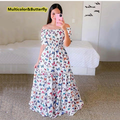 Women's Fashion Off Shoulder Dress Floral Print Long Dress Maxi Dresses Big Dress Rochii Elegante Kleider Damen Elegant