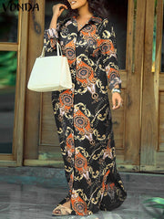 فوندا نساء بوهو خمر نمط عشوائي مطبوعة ماكسي فساتين طويلة سبينغ الخريف عادية فضفاض التلبيب كم طويل غير المتكافئة هيم فيستيدوس