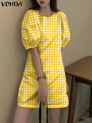 VONDA Elegant Dresses For Women 2022 Lattice Round Neck Short Puff Sleeve A-Line Vestidos Bohemian Party Casual Summer Plus Size Short Dresses