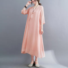 Women's literary retro elegant cotton linen cool round neck three-quarter sleeve Zen robe dress female