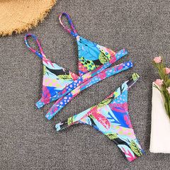 Adults Women Fashionable Plant Printing Backless Bikini Set Beach Mujer Swimsuit Ropa Swimwear Beach Summer