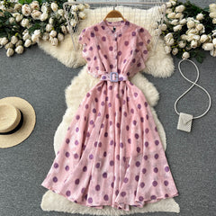 Temperament and elegant polka dot lotus leaf sleeve A-line dress chiffon skirt
