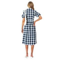 Casual Plaid Short Sleeve Lapel Belt Single Breasted A-line Skirt Dress Women