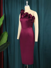 Vintage Women Burgundy Bodycon Dress Elegant Bare Shoulder Ruffled Elastic Satin Silky Dress Formal Party Birthday Evening Wear