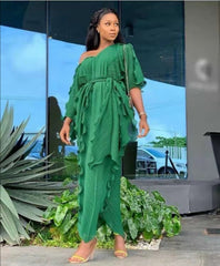 European and American dress African women's sexy V-neck pleated ruffle pearl chiffon loose and elegant