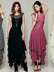 المرأة بوهو الناس مثير فستان طويل طبقات مزدوجة كشكش التشذيب منخفض ظهر V دانتيل بدون أكمام الصيف بوهيمي