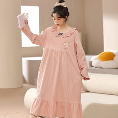 Nightdress women's spring and autumn cotton round neck long-sleeved long section over the knee large size 200 catties fat sister pajamas ca