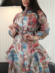 Vintage Stitching Printed Ruffle Trim Strap Dress