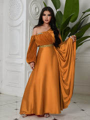 Orange Elegant Waisted Strapless Hot Diamond Large Dress