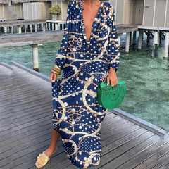 Southeast Asia plus size dress new bohemian long-sleeved skirt button loose big V women's clothing