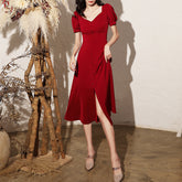 Ladies V-neck short-sleeved mid-length split fashion banquet dress party holiday dress.