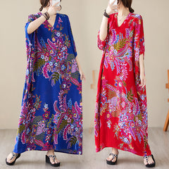 Women's ethnic style printed dress summer V-neck cotton silk large size loose literary holiday style beach skirt retro meat-covering long robe