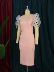 Summer cool polka dot tulle sleeve V neck pink lady dress bodycon dress women