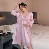 Women Satin 2PCS Set Robe Set Lace Long Sleepwear Strap Nighty Kimono Robe With Bra Bride Wedding Bathrobe Lounge Homewear Nightgown Set