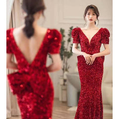 Best-selling new toast dress bride trailing 2023 new winter red fishtail leaky back sequins banquet host evening dress female