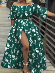 Celmia Ms. Bohemian holiday style floral print dress European and American fashion temperament elegant one-shoulder lantern sleeve waist big skirt daily summer plus size trend seaside dating slit long skirt