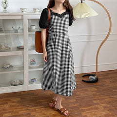 فستان VONDA للسيدات الياباني والكوري غير الرسمي الصغير المنقوش بخياطة أنيقة وبسيطة وياقة حب وأكمام قصيرة وأكمام منتفخة وخصر تنورة متأرجحة يومية للربيع والصيف مقاس كبير تنورة طويلة تناسب الجميع