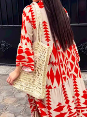 Printed Long Shirt Dress Women Retro Button Top Dress Women Fashion V Neck Long Sleeve Dress Ladies Oversized Loose Dress