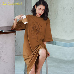 Sleeping Dress 100% Cotton Punk Style Letter Printing Green Nightgown Long Sleepshirt Size Chic Nightwear Home Clothing