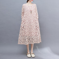 2023 spring and summer new fashion temperament elegant literary lace loose all-match thin long-sleeved hollow dress for women