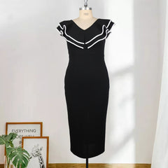 V-neck sleeveless stitching ruffled hip bag S-5XL plus size women's dress