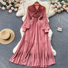 New waist slimming bow tie straps pleated dress celebrity temperament lotus leaf edge big long skirt