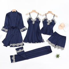 Five-piece pajamas women's summer thin ice silk suspender nightdress nightgown set