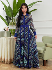 Blue Elegant Paneled Belted Chiffon Dress