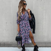 Autumn Winter Long Floral Print Dress Robe for Women 2021 Casual Long Sleeve Split Dress Female Boho Elegant Maxi Party Vestidos