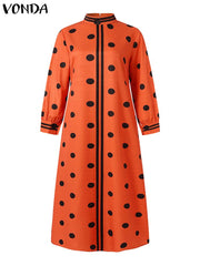 فساتين VONDA Women Boho Vintage Wave Point المطبوعة بطول الكاحل Sping الخريف غير رسمية فضفاضة وياقة واقفة وأكمام طويلة