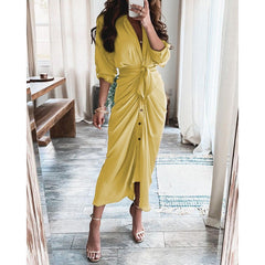Long Sleeve V Neck Button Print Dress Long Dress Women's